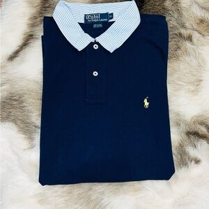 Rare Vintage Polo Ralph Lauren Striped Collar Polo Shirt XL Navy Blue